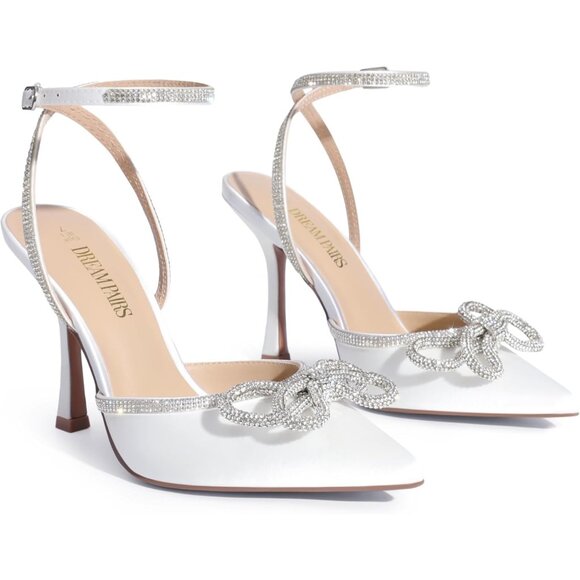 🆕 Women White Ankle Strap Sparkly Bow Shine Star Wrap-Around High-Heel Pumps - Picture 8 of 8